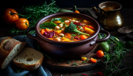 Healthy vegetable soup cooked on rustic wood table generated by artificial intelligenceの素材