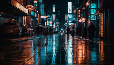 Neon city skyline, rush hour traffic crossing generated by artificial intelligenceの素材