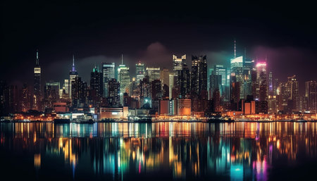 Bright city skyline reflects on waterfront at dusk generated by artificial intelligenceの素材