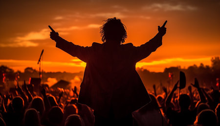 Silhouettes applauding, arms raised, enjoying music festival generated by artificial intelligenceの素材