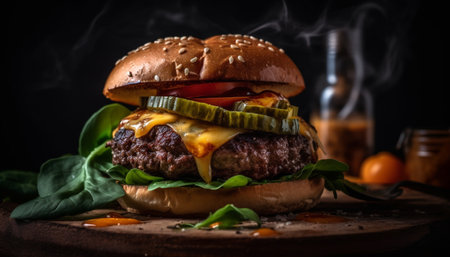 Grilled cheeseburger on rustic bun with fries generated by artificial intelligenceの素材