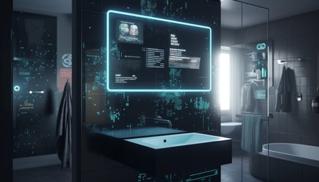 Futuristic technology glows in dark domestic room generated by artificial intelligenceの素材