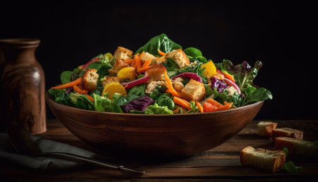 Fresh organic salad bowl, a healthy meal generated by artificial intelligenceの素材