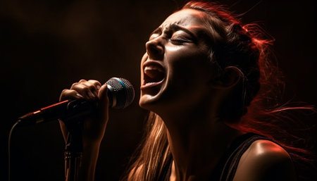 Young woman singing on stage with guitar generated by artificial intelligenceの素材
