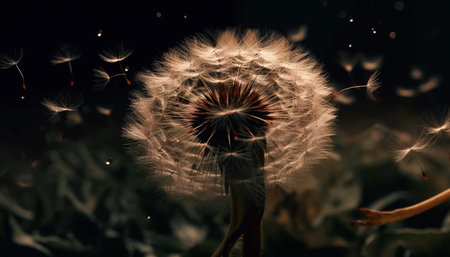 Soft fluffy dandelion seed flying in summer breeze generated by artificial intelligenceの素材