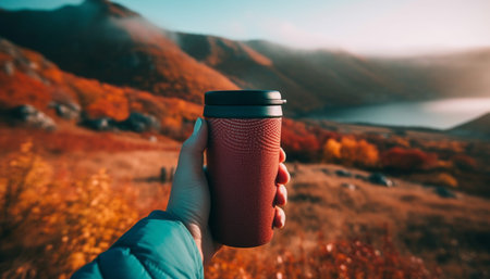 Hiking men holding coffee cups at mountain peak generated by artificial intelligenceの素材