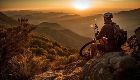 Men hiking mountain peak, backpacks, enjoying nature generated by artificial intelligenceの素材
