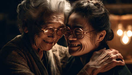Smiling senior couple embracing, enjoying retirement together generated by artificial intelligenceの素材