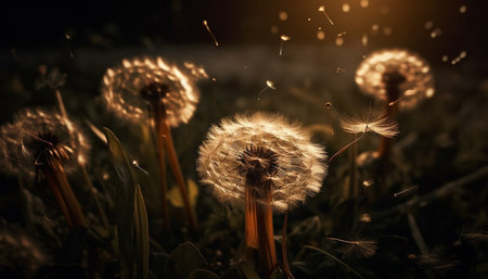 Soft dandelion seed blowing in summer wind generated by artificial intelligenceの素材