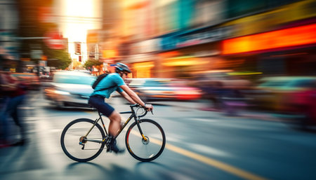 Cycling men and women rush through city traffic generated by artificial intelligenceの素材
