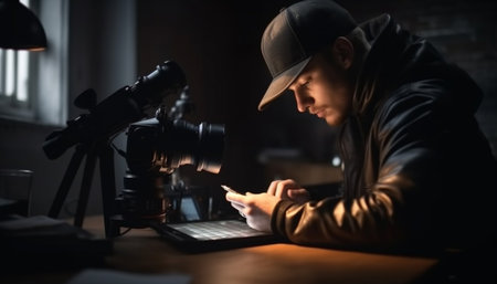 Caucasian man sitting, working on computer indoors generated by artificial intelligenceの素材