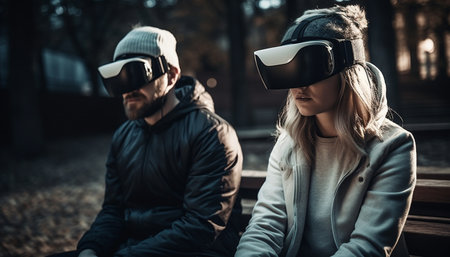 Caucasian couple enjoys virtual reality forest adventure together generated by artificial intelligenceの素材