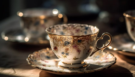 Antique crockery collection, ornate saucers, empty cups generated by artificial intelligenceの素材