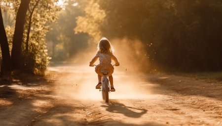 Childhood adventure cycling through the forest at sunset generated by artificial intelligenceの素材