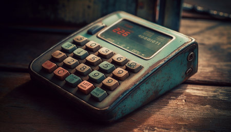 Antique calculator on wooden desk, calculating finance generated by artificial intelligenceの素材