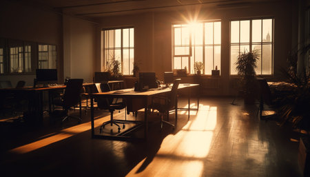 Empty modern office with dark backlit window generated by artificial intelligenceの素材
