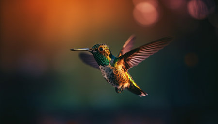 Hovering hummingbird flaps iridescent wings mid air generated by artificial intelligenceの素材