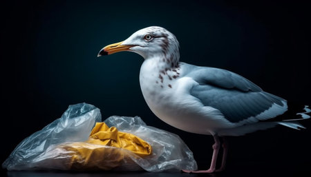Seagull scavenging fish on wet African coastline generated by artificial intelligenceの素材