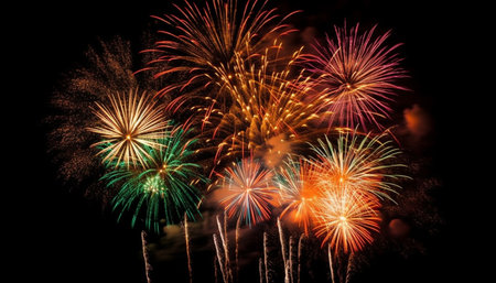 Vibrant colors ignite dark night in celebration generated by artificial intelligenceの素材