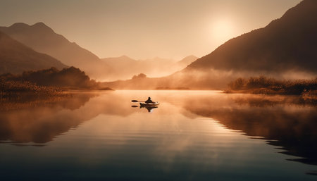 Men and women canoeing at sunset, tranquil scene generated by artificial intelligenceの素材