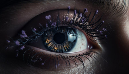 Caucasian woman iris staring, purple reflection captured generated by artificial intelligenceの素材