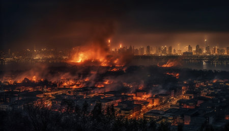 Glowing skyscraper ignites inferno in cityscape generated by artificial intelligenceの素材