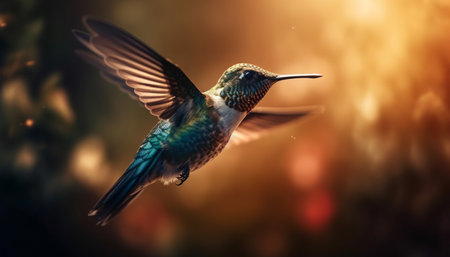 Hummingbird hovering, spreading iridescent wings in mid air generated by artificial intelligenceの素材