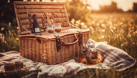 Picnic basket filled with food, drink, relaxation generated by artificial intelligenceの素材