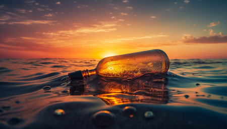 Sunset over water, glass bottle reflects beauty generated by artificial intelligenceの素材