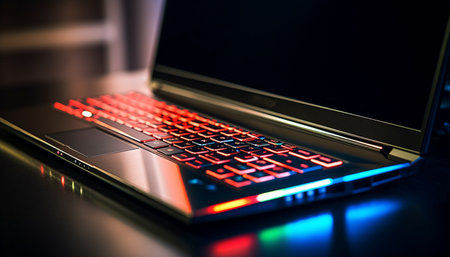 Modern office equipment illuminated with wireless technology generated by artificial intelligenceの素材