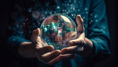 Glowing sphere held by businessman, global communication generated by artificial intelligenceの素材