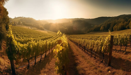 Sunset over vineyard, ripe grapes in rows generated by artificial intelligenceの素材