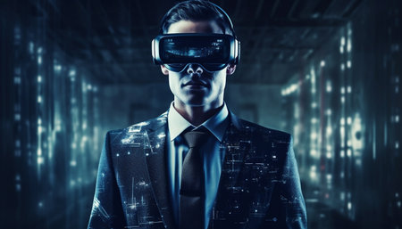 Futuristic businessman in virtual reality simulator success generated by artificial intelligenceの素材