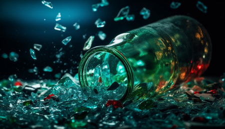 Transparent glass bottle reflects nature fresh green color generated by artificial intelligenceの素材