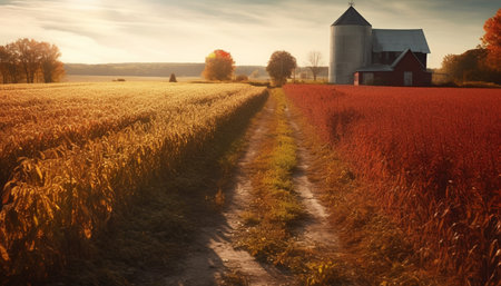 Rustic farm landscape with ripe wheat fields generated by artificial intelligenceの素材