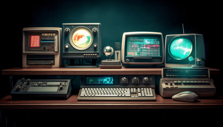 Obsolete technology controls old fashioned audio equipment indoors generated by artificial intelligenceの素材