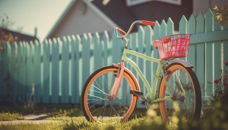 Cycling through the meadow, basket full of flowers generated by artificial intelligenceの素材
