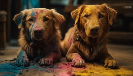 Two loyal pets, dirty but smiling happily generated by artificial intelligenceの素材