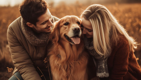Caucasian family embracing their playful retriever outdoors generated by artificial intelligenceの素材