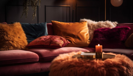Luxury living room with fluffy pillows and fur generated by artificial intelligenceの素材
