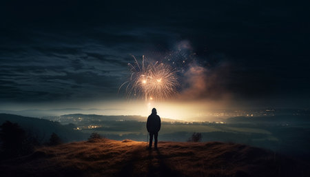 Standing silhouette saluting mountain peak firework display generated by artificial intelligenceの素材