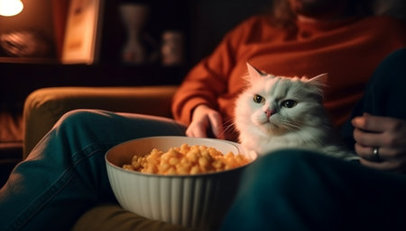 Cute kitten enjoying a cozy family movie night generated by artificial intelligenceの素材