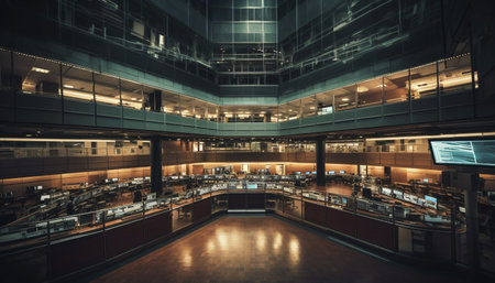 Futuristic office inside skyscraper, illuminated by steel lighting generated by artificial intelligenceの素材