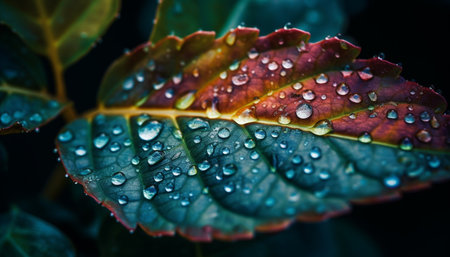 Fresh green leaf with dew drop reflection generated by artificial intelligenceの素材