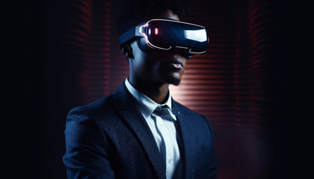 Futuristic businessman standing, smiling, watching digitally generated image generated by artificial intelligenceの素材