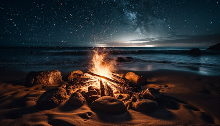 Milky way glows over tranquil campfire at waters edge generated by artificial intelligenceの素材