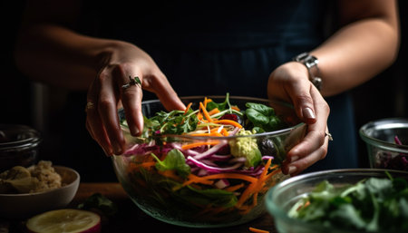 Fresh vegetarian salad bowl, homemade gourmet appetizer mix generated by artificial intelligenceの素材