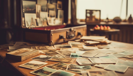 Antique books stack on old wooden table generated by artificial intelligenceの素材