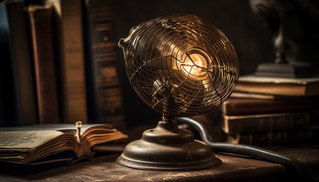 Antique literature on old fashioned table in library generated by artificial intelligenceの素材