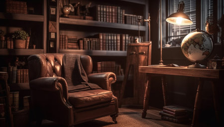 Antique bookshelf illuminates modern living room decor generated by artificial intelligenceの素材